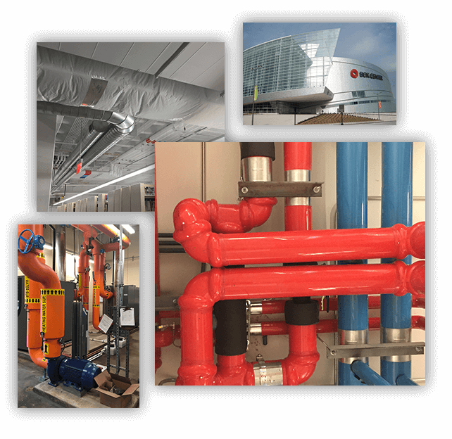 Collage photos of boiler room and plumbing system